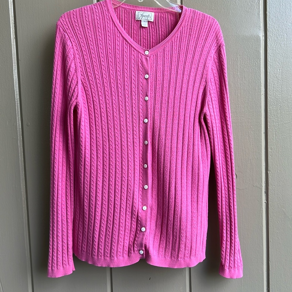 Foxcroft Pink Cable Knit Cotton Cardigan_Size L